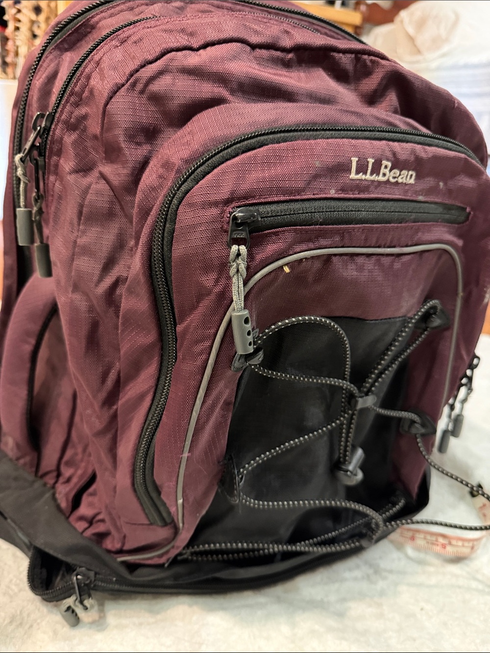 L.L. Bean Burgundy and Black Backpack with Front Bungee
